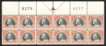 523, $2.00 Orange red and black, a showpiece full top margin arrow and plate nos. 8179, 8177 block of twelve, rich unblemished colors, attractively centered for this, strong
and intact perforations all around, immaculate o.g., n.h., fine-very fi