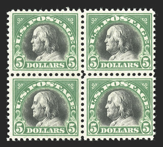 524, $5.00 Deep green and black, block of four, nicely centered, fresh colors, o.g., n.h., centering ranges from fine to extremely fine.