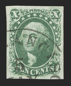 15, 10c Green, Ty. III, select used single, uniformly large margins, strong color and crisp impression on fresh white paper, light San Francisco c.d.s., extremely
fine.