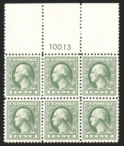 525, 1c Gray green offset, flawless full top margin plate no. 10013 block of six, extraordinarily well centered throughout, with each stamp being incredibly well centered amid
large equal margins, post office fresh and intact, immaculate o.g. wi