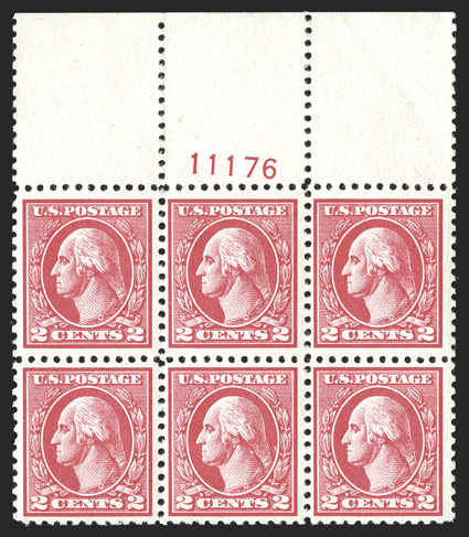 527, 2c Carmine offset, Ty. V, post office fresh full top margin plate no. 11176 block of six, attractively centered, strong and intact, o.g., n.h., very fine.