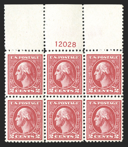 528, 2c Carmine offset, Ty. Va, handsome full top margin plate no. 12028 block of six, deep rich color on fresh white paper, wonderfully well centered, crisp and intact,
immaculate o.g., n.h., extremely fine and choice.