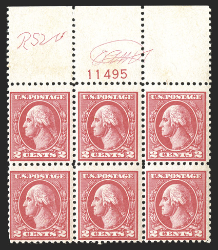 528, 2c Carmine offset, Ty. Va, full top margin plate no. 11495 block of six, with engraved plate printers initials OAM and additional initials RSW in the selvage, o.g., n.h.,
fine and rare, this combination of initials only occurs on some