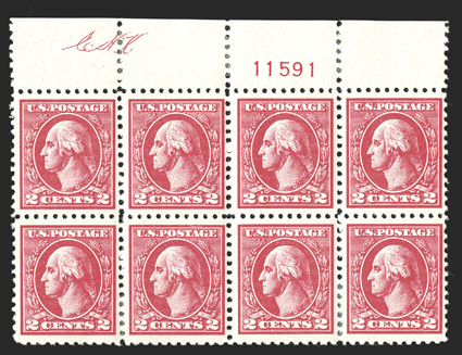 528, 2c Carmine offset, Ty. Va, top margin plate no. 11591 block of eight, with engraved initials CHK in the selvage, well centered, o.g., h.r.s, top stamps n.h., very fine and
very scarce these initials are only found on no. 11591 top plate