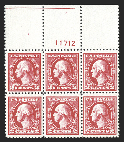 528A, 2c Carmine offset, Ty. VI, select full top margin plate no. 11712 block of six, featuring eye-arresting intense color and impression contrasted by bright white paper,
plus it is remarkably well centered, fresh and intact, o.g. without any