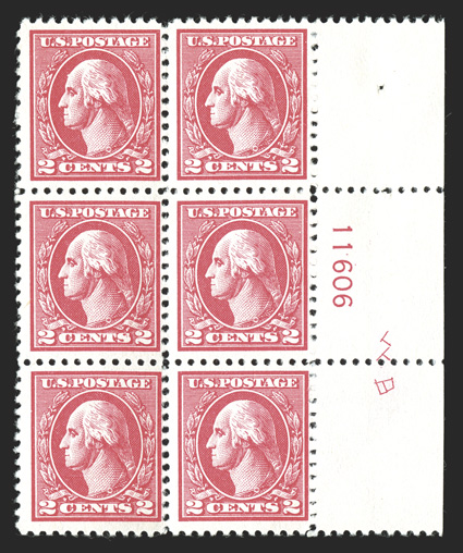 528A, 2c Carmine offset, Ty. VI, right margin plate no. 11606 block of six, with engraved initials WB in the selvage, post office fresh, o.g., n.h., fine and rare these
initials only occur on right margin no. 11606 plate blocks.