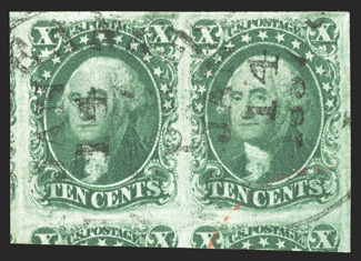15-16, 10c Green, horizontal se-tenant pair with Ty. III and Ty. IV, horizontal pair from positions 65-66L1, the left stamp being the scarce Type IV, huge margins all around
including significant portions of the two adjoining stamps at bottom an