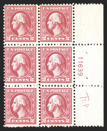 528A, 2c Carmine offset, Ty. VI, right margin plate no. 11639 block of six, with engraved initials TOP in the selvage, bright and fresh, o.g., h.r. in the selvage only, the
stamps n.h., fine and rare these initials occur only on right margin