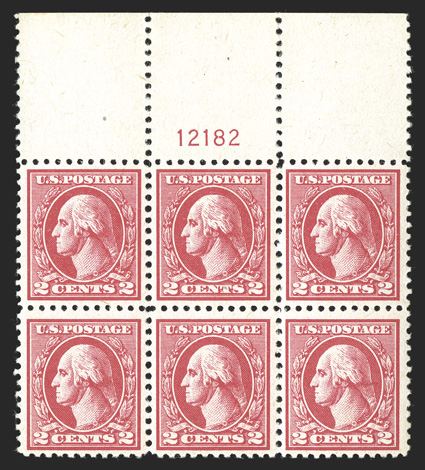 528B, 2c Carmine offset, Ty. VII, exceptional full top margin plate no. 12182 block of six, being extraordinarily well centered throughout, post office fresh, with crisp and
intact perforations, o.g., n.h., one with trivial natural inclusion, ex