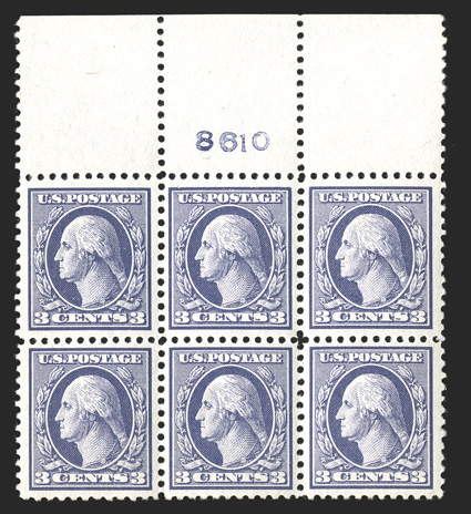 529, 3c Violet offset, Ty. III, strikingly handsome full top margin plate no. 8610 block of six, extraordinarily well centered throughout, prooflike color and impression on
fresh paper, crisp and intact, o.g., center pair l.h., the others n.h.,