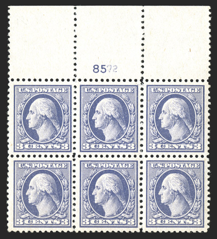 529, 3c Violet offset, Ty. III, full top margin plate no. 8572 block of six, beautifully centered, fresh and intact, o.g., center pair l.h., the others n.h., extremely
fine.