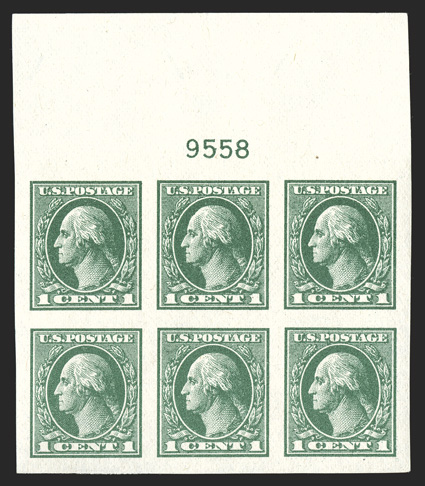531, 1c Green offset imperforate, choice full top margin plate no. 9558 block of six, lavishly large margins, luxuriant rich color on fresh paper, pristine o.g., n.h., an
extremely fine gem.