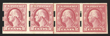 532, 2c Carmine rose offset imperforate, Ty. IV, Schermack Ty. III perforations, an immensely rare combination paste-up strip of four, the right pair 482 and the left pair 532,
o.g., left pair l.h. and right pair h.r., right stamp with per