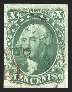 16, 10c Green, Ty. IV, position 55L1, recut at bottom, a most impressive used single, four large margins, brilliantly rich color and a well defined impression, light c.d.s. town
cancel and a bit of a red transit pmk., extremely fine 1977 PF cer