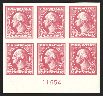 534A, 2c Carmine offset imperforate, Ty. VI, bottom margin plate no. 11654 block of six, oversized equal margins, rich color on fresh paper, o.g., n.h., extremely
fine.
