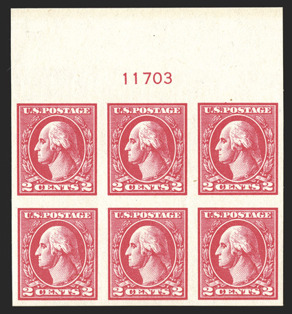 534A, 2c Carmine offset imperforate, Ty. VI, full top margin plate no. 11703 block of six, generous even margins, vivid rich color, o.g., bottom center stamp l.h., four stamps
n.h., bottom left stamp with a thinned spot, otherwise very fine.