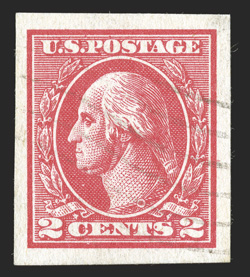 534B, 2c Carmine offset imperforate, Ty. VII, used, very large margins all around, bright color, light wavy cancel, mild crease at bottom, extremely fine appearance 2003 PSE
certificate (Fine 70 SMQ $480.00).