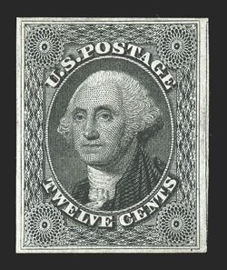 17, 12c Black, with stitch watermark, unused, four large to very large margins, deep color and a lovely crisp impression, extremely fine a handsome example of this scarce unused
stamp 1987 and 2004 PF certificates, as well as a 2006 PSE certif