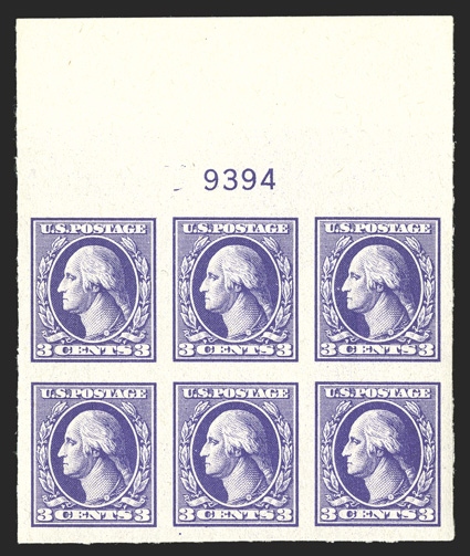 535, 3c Violet offset imperforate, Ty. IV, pristine full top margin plate no. 9394 block of six, lavishly large margins, eye-catching intense color on fresh white paper, o.g.,
n.h., an extremely fine gem.