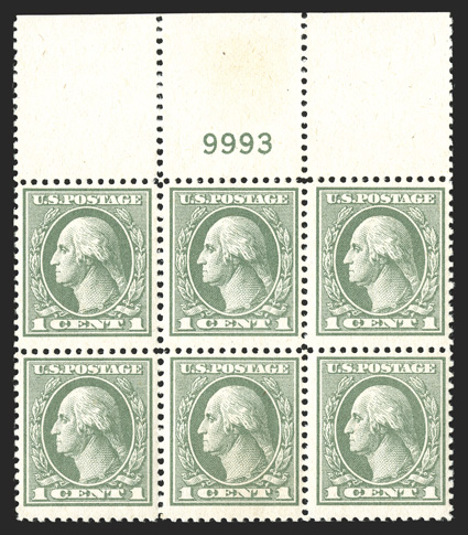 536, 1c Gray green offset, full top margin plate no. 9993 block of six, nicely centered for this, crisp and intact, o.g., n.h., very fine.