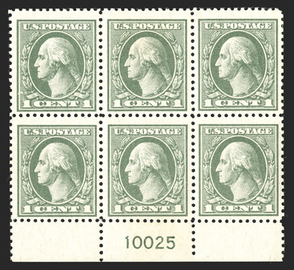 536, 1c Gray green offset, bottom margin plate no. 10025 block of six, fresh and attractively centered, strong and intact perforations, o.g., n.h., nearly very
fine.