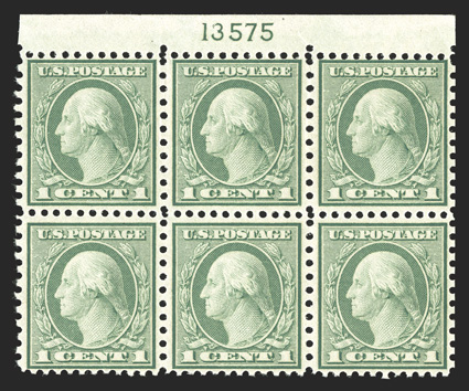 538, 1c Green coil waste, perf. 11x10, top margin plate no. 13575 block of six, precisely centered, o.g., top center stamp h.r., others l.h. or n.h., extremely
fine.