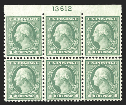 538 var., 1c Green coil waste, perf. 11x10, imperforate at top between stamps and sheet selvage, top margin plate no. 13612 block of six, incredibly well centered for a coil
waste issue, bright and fresh, o.g., n.h., extremely fine this variety