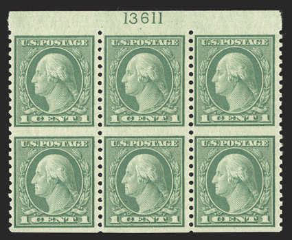 538a, 1c Green, vertical pair, imperforate horizontally, top margin plate no. 13611 block of six, well centered for this, quite fresh, o.g., lightly hinged, very fine and
scarce.