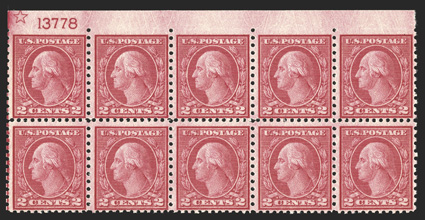 540 var., 2c Carmine rose coil waste, Ty. III, perf. 11x10, imperforate at top between stamps and sheet selvage, top margin star and plate no. 13778 block of ten, post office
fresh, o.g., n.h., fine this variety comes only from Philatelic Agenc