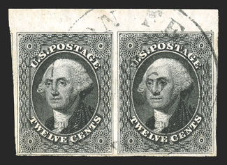 17, 12c Black, a most impressive top sheet-margin horizontal pair, with a large sheet selvage, other margins ample to mostly large, deep color and a prooflike impresion on
especially bright paper, light town c.d.s. cancel, extremely fine and cho