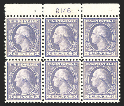 541, 3c Violet coil waste, an especially choice top margin plate no. 9146 block of six, exceptionally well centered for this terribly difficult coil waste issue, bright color
and razor-sharp impression on fresh paper, strong and intact perforati
