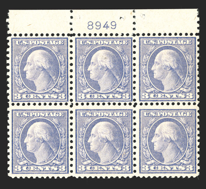 541, 3c Violet coil waste, top margin plate no. 8949 block of six, nicely centered for this always difficult coil waste issue, crisp and intact, o.g., l.h., bottom stamps n.h.,
top center stamp with a tiny stained spot, otherwise fine-very fine