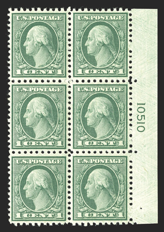 542, 1c Green coil waste, perf. 10x11, select right margin plate no. 10510 block of six, incredibly well centered throughout, crisp and intact, o.g., center pair h.r., others
n.h., extremely fine 542 only exist as side plate blocks.