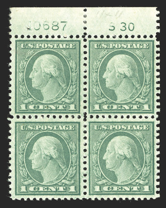 545, 1c Green coil waste, perf. 11, an especially choice top margin S30 and plate no. 10687 block of six, being wonderfully well centered for this terribly difficult coil waste
issue, strong color and sharp impression on crisp white paper, o.g