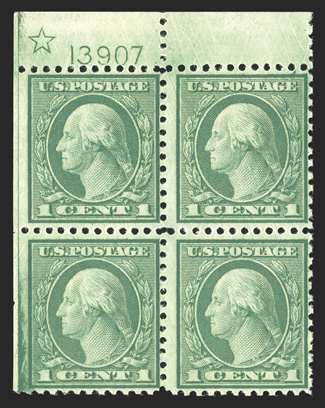 545, 1c Green coil waste, perf. 11, top margin star and plate no. 13907 block of four, with an extra-wide imperforate margin at left, post office fresh, o.g., n.h., fine and
scarce.
