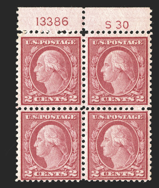 546, 2c Carmine rose coil waste, Ty. III, perf. 11, select top margin S30 and plate no. 13386 block of four, very well centered when compared to the others, post office fresh
and intact, o.g., n.h., very fine seldom found in this superior qua