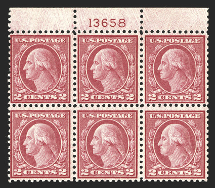 546, 2c Carmine rose coil waste, Ty. III, perf. 11, a remarkable top margin plate no. 13658 block of six, well centered for a multiple of this terribly difficult coil waste
issue, deep rich color and sharp impression on fresh paper, strong and i