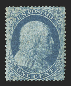 18, 1c Blue, Ty. I, position 65R12, especially intense color and impression, well centered, full o.g., lightly hinged, choice very fine 1990 PF certificate for a block of four,
this being the top right stamp, plus a 1991 PF certificate for the