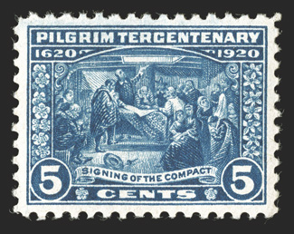 550, 5c Pilgrim Tercentenary, exceedingly well centered, deeply rich color, o.g., n.h., extremely fine 2008 PSE certificate (XF-Superb 95 SMQ $600.00).