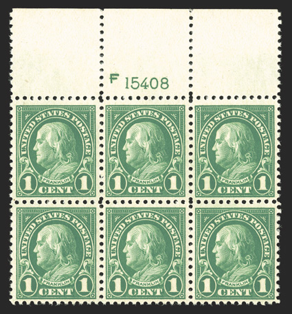 552, 1c Deep green, impressive full top margin plate no. 15408 block of six, being incredibly well centered throughout and with deep luxuriant color on fresh white paper,
strong and intact, immaculate o.g., n.h., extremely fine a gem plate bloc