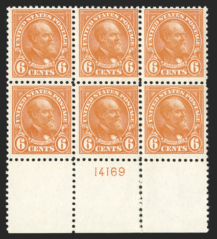 558, 6c Red orange, wide bottom margin plate no. 14169 block of six, vivid rich color and very fresh, o.g., n.h., some reinforced perforations in the selvage at bottom right,
fine-very fine.