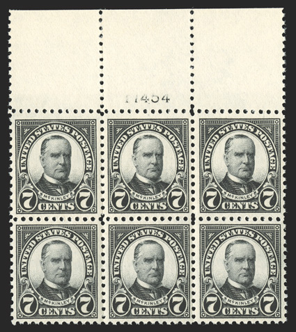 559, 7c Black, highly select full top margin plate no. 17454 block of six, exceptionally well centered, strong and intact, pristine o.g., n.h., extremely fine and
choice.