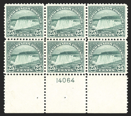 568, 25c Yellow green, wide bottom margin plate no. 14064 block of six, deep luxuriant color on fresh paper, incredibly well centered, strong and intact, o.g., center pair l.h.
and the rest n.h., extremely fine.