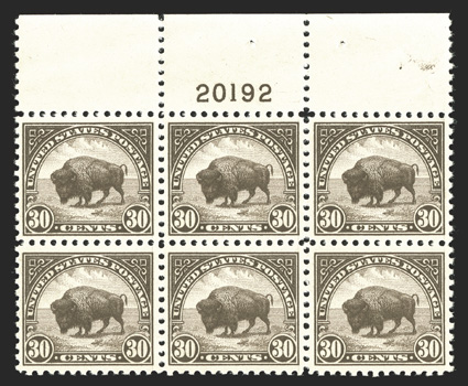 569, 30c Olive brown, exquisite full top margin plate no. 20192 block of six, extraordinarily well centered and wonderfully fresh, deep rich color, crisp and intact, o.g.,
n.h., extremely fine an especially handsome and choice plate block.