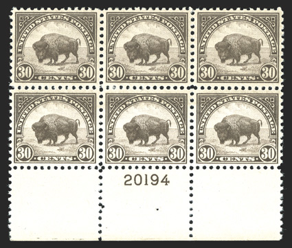 569, 30c Olive brown, select wide bottom margin plate no. 20194 block of six, incredibly well centered throughout, with each stamp being precisely centered within equal
margins, fresh and intact, o.g., n.h., extremely fine a gem plate block.