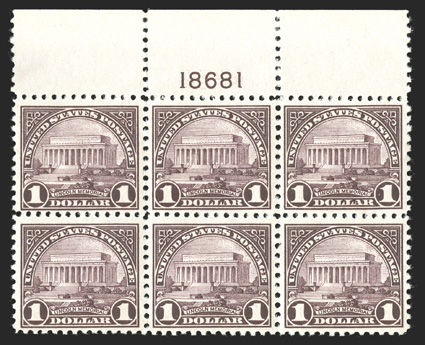 571, $1.00 Violet brown, full top margin plate no. 18681 block of six, well centered, fresh and intact, o.g., n.h., light natural gum bends, very fine.