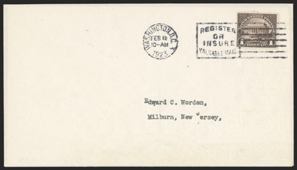 571, $1.00 Violet black, well centered single tied by Washington, D.C.Feb 12, 1923 slogan machine first day of issue postmark to fresh type addressed cover serviced by Worden,
very fine.