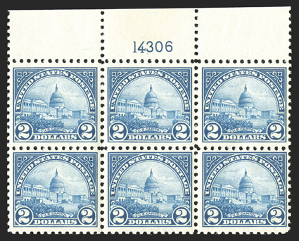 572, $2.00 Deep blue, top margin plate no. 14306 block of six, well centered, crisp and intact, o.g., n.h., minor natural gum skips and bends, choice very
fine.