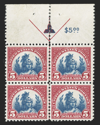 573, $5.00 Carmine and blue, top margin arrow block of four, excellent centering, o.g., n.h., extremely fine.
