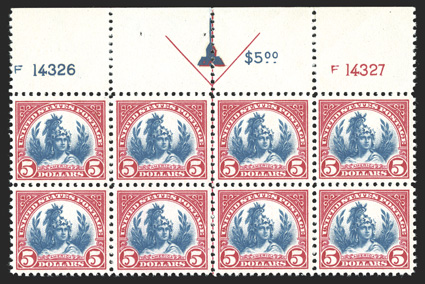573, $5.00 Carmine and blue, an incredibly handsome and choice full top margin arrow and plate nos. 14326, 14327 block of eight, possessing outstanding centering, beautiful
fresh colors and strong and intact perforations all around, immaculate o